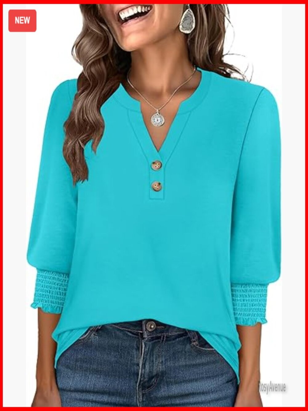 3/4 Sleeve Henley Blouse, V-Neck Top for Work & Casual Wear